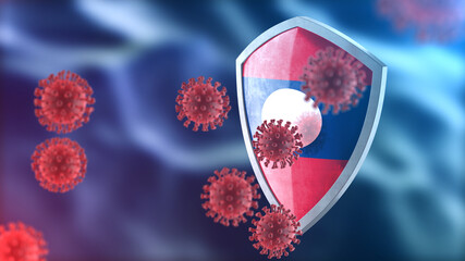 Laos protects from corona virus steel shield concept. Coronavirus Sars-Cov-2 safety barrier, defend against cells, source of covid-19 disease.
