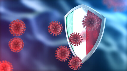 Italy protects from corona virus steel shield concept. Coronavirus Sars-Cov-2 safety barrier, defend against cells, source of covid-19 disease.