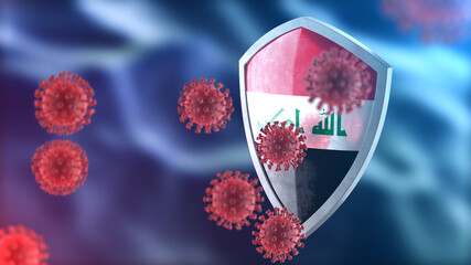 Iraq protects from corona virus steel shield concept. Coronavirus Sars-Cov-2 safety barrier, defend against cells, source of covid-19 disease.