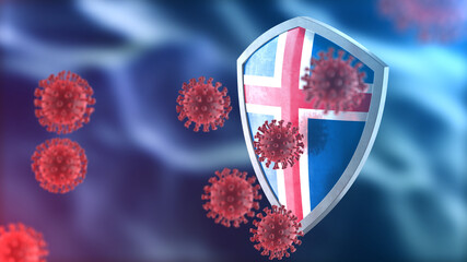 Iceland protects from corona virus steel shield concept. Coronavirus Sars-Cov-2 safety barrier, defend against cells, source of covid-19 disease.