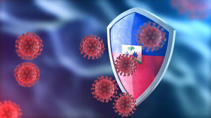 Haiti protects from corona virus steel shield concept. Coronavirus Sars-Cov-2 safety barrier, defend against cells, source of covid-19 disease.