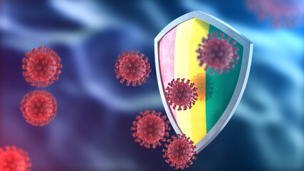 Fototapeta premium Guinea protects from corona virus steel shield concept. Coronavirus Sars-Cov-2 safety barrier, defend against cells, source of covid-19 disease.