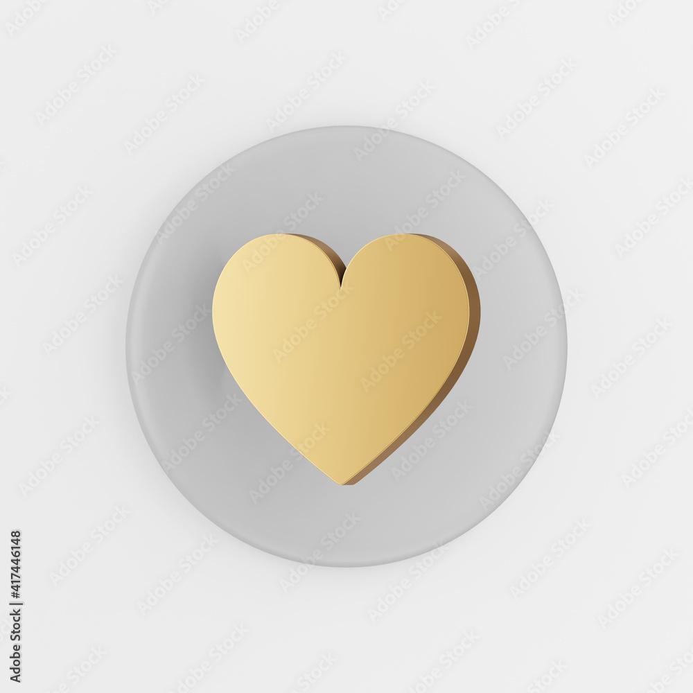 Poster gold flat heart icon. 3d rendering gray round key button, interface ui ux element.