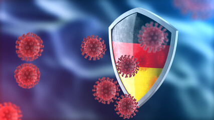 Germany protects from corona virus steel shield concept. Coronavirus Sars-Cov-2 safety barrier, defend against cells, source of covid-19 disease.