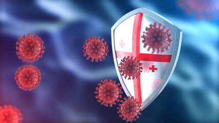 Georgia protects from corona virus steel shield concept. Coronavirus Sars-Cov-2 safety barrier, defend against cells, source of covid-19 disease.