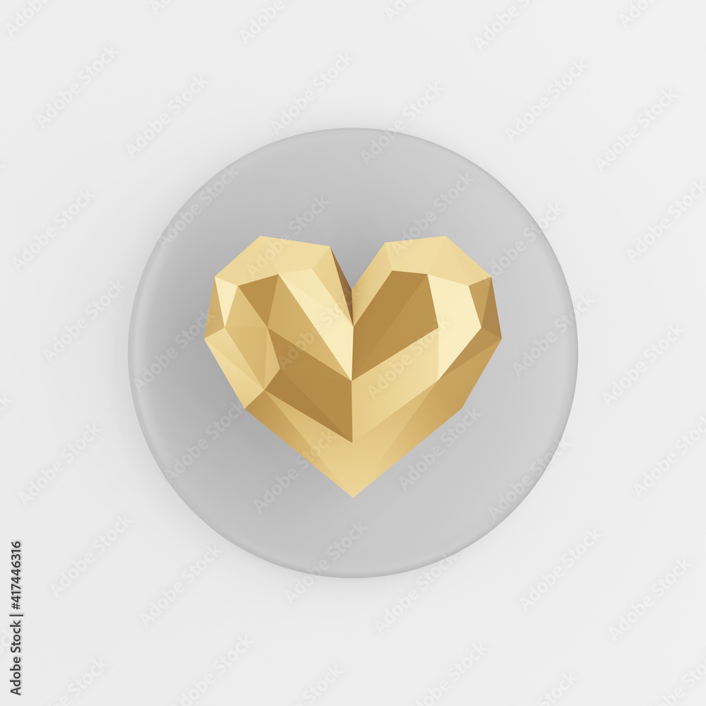 Poster gold low poly heart icon. 3d rendering gray round key button, interface ui ux element.
