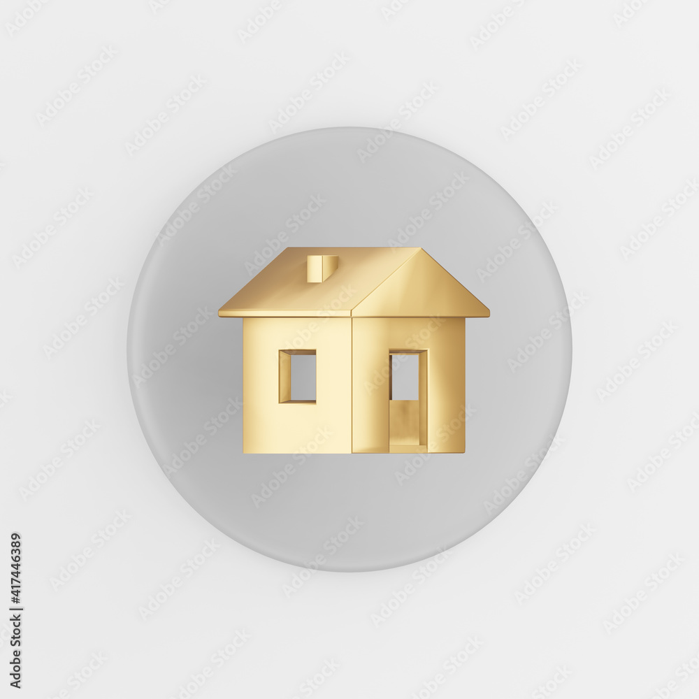 Poster golden house icon. 3d rendering gray round key button, interface ui ux element.