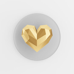 Gold low poly heart icon. 3d rendering gray round key button, interface ui ux element.