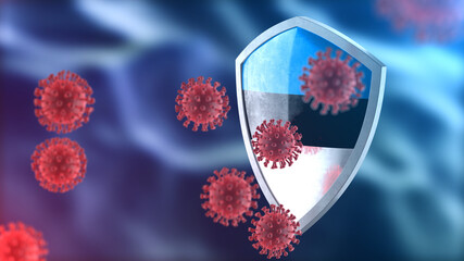 Estonia protects from corona virus steel shield concept. Coronavirus Sars-Cov-2 safety barrier, defend against cells, source of covid-19 disease.
