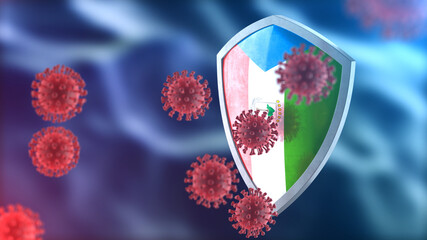 Equatorial Guinea protects from corona virus steel shield concept. Coronavirus Sars-Cov-2 safety barrier, defend against cells, source of covid-19 disease.