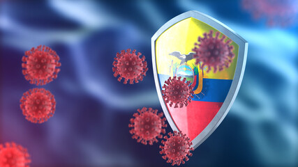 Ecuador protects from corona virus steel shield concept. Coronavirus Sars-Cov-2 safety barrier, defend against cells, source of covid-19 disease.