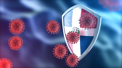Dominican Republic protects from corona virus steel shield concept. Coronavirus Sars-Cov-2 safety barrier, defend against cells, source of covid-19 disease.