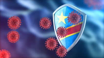 DR Congo protects from corona virus steel shield concept. Coronavirus Sars-Cov-2 safety barrier, defend against cells, source of covid-19 disease.