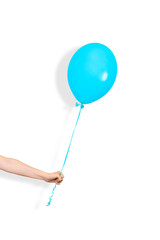 Hand hold blue balloon. Party or present concept. Blue Balloon and hand isolated on white background