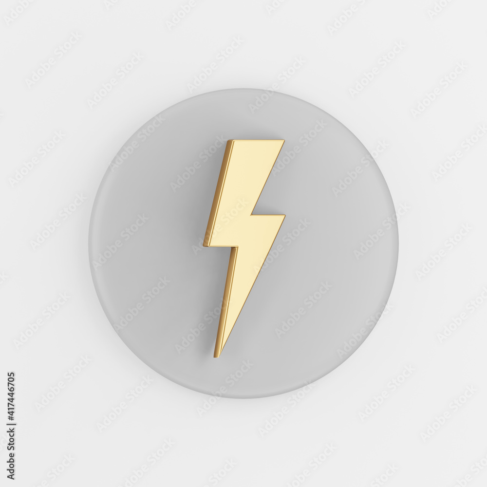 Poster golden lightning icon. 3d rendering gray round key button, interface ui ux element.