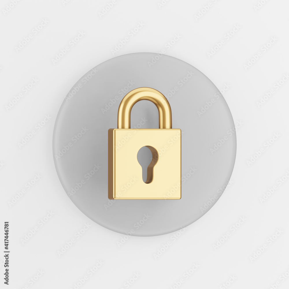 Poster golden closed padlock icon. 3d rendering gray round key button, interface ui ux element.