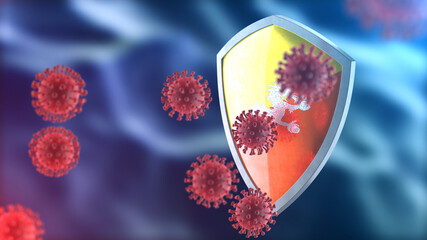 Bhutan protects from corona virus steel shield concept. Coronavirus Sars-Cov-2 safety barrier, defend against cells, source of covid-19 disease.