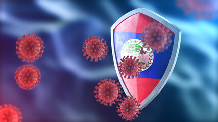 Belize protects from corona virus steel shield concept. Coronavirus Sars-Cov-2 safety barrier, defend against cells, source of covid-19 disease.