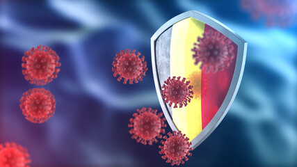 Belgium protects from corona virus steel shield concept. Coronavirus Sars-Cov-2 safety barrier, defend against cells, source of covid-19 disease.