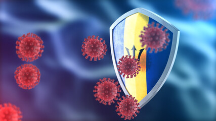 Barbados protects from corona virus steel shield concept. Coronavirus Sars-Cov-2 safety barrier, defend against cells, source of covid-19 disease.