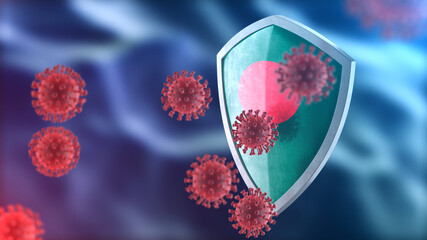 Bangladesh protects from corona virus steel shield concept. Coronavirus Sars-Cov-2 safety barrier, defend against cells, source of covid-19 disease.