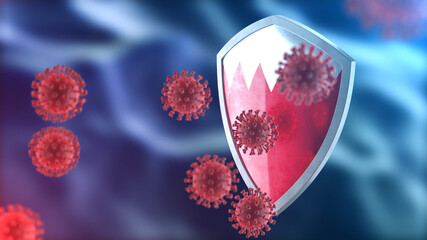 Bahrain protects from corona virus steel shield concept. Coronavirus Sars-Cov-2 safety barrier, defend against cells, source of covid-19 disease.