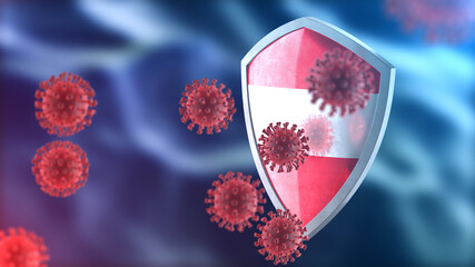 Austria protects from corona virus steel shield concept. Coronavirus Sars-Cov-2 safety barrier, defend against cells, source of covid-19 disease.