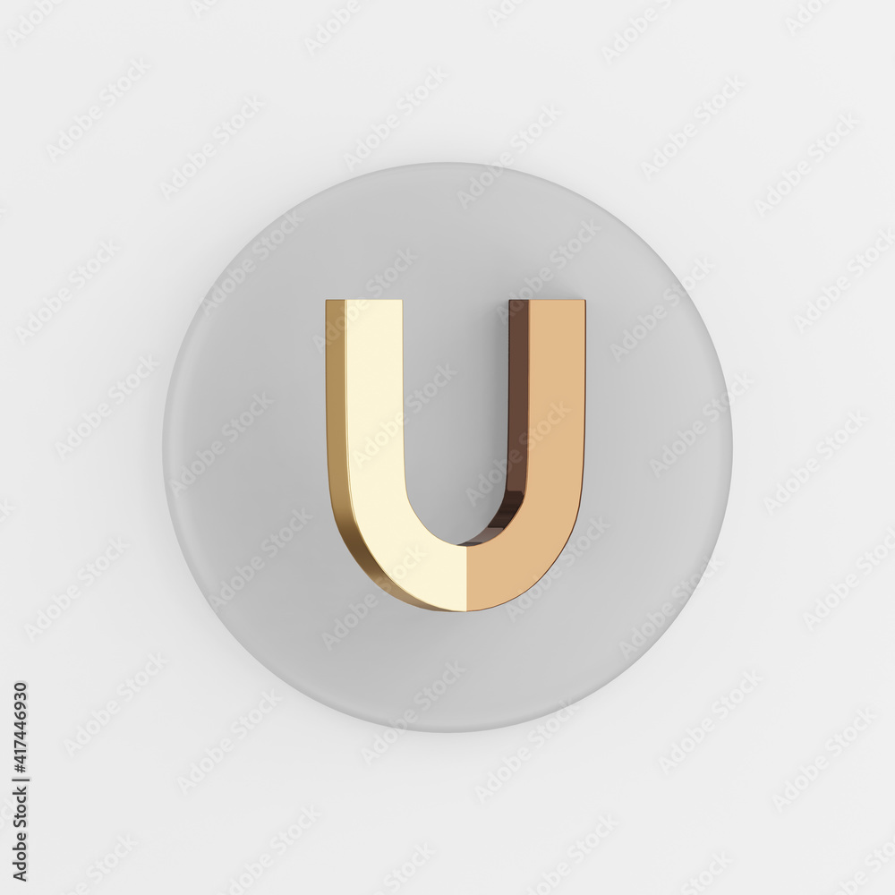 Poster golden horseshoe magnet icon. 3d rendering gray round key button, interface ui ux element.