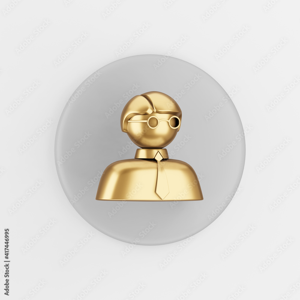 Poster golden man icon. 3d rendering gray round key button, interface ui ux element.