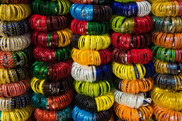 Fototapeta na wymiar Jodhpur / India 29 October 2017 Colourful glass bangles at Sardar Market Jodhpur in Rajasthan India