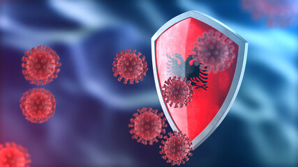 Albania protects from corona virus steel shield concept. Coronavirus Sars-Cov-2 safety barrier, defend against cells, source of covid-19 disease.