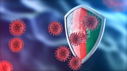 Afghanistan protects from corona virus steel shield concept. Coronavirus Sars-Cov-2 safety barrier, defend against cells, source of covid-19 disease.