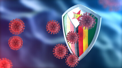 Zimbabwe protects from corona virus steel shield concept. Coronavirus Sars-Cov-2 safety barrier, defend against cells, source of covid-19 disease.