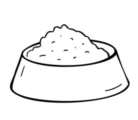 A bowl of food for pets, cats or dogs. Doodle isolated outline objects on white background.