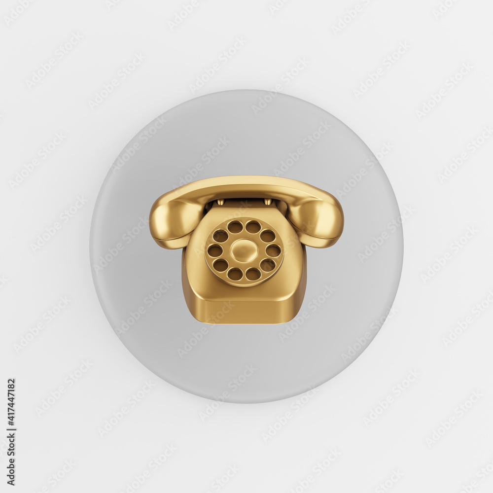 Poster golden vintage telephone icon. 3d rendering gray round key button, interface ui ux element.