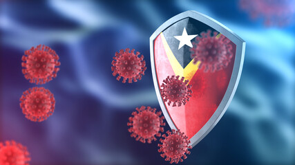 Timor Leste protects from corona virus steel shield concept. Coronavirus Sars-Cov-2 safety barrier, defend against cells, source of covid-19 disease.