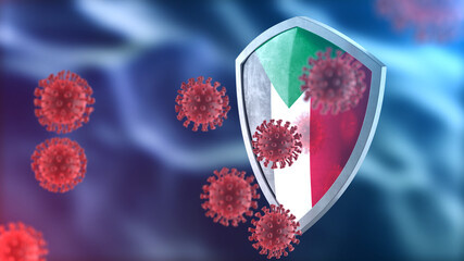 Sudan protects from corona virus steel shield concept. Coronavirus Sars-Cov-2 safety barrier, defend against cells, source of covid-19 disease.