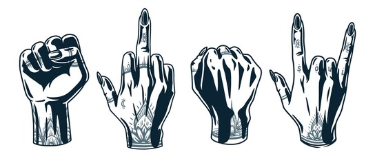 Set of woman wrists . Female hand gesture, fingers with tattoo, fist, middle finger. Element for beauty studio. Fashion, trendy style of fingernails