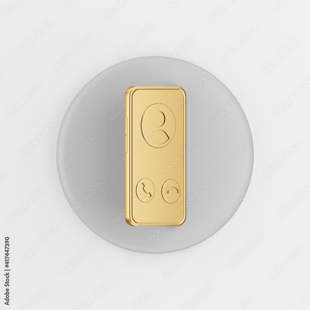 Poster golden smartphone icon. 3d rendering gray round key button, interface ui ux element.