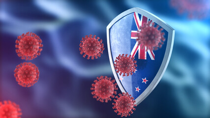 New Zealand protects from corona virus steel shield concept. Coronavirus Sars-Cov-2 safety barrier, defend against cells, source of covid-19 disease.