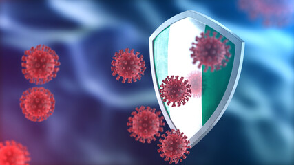Nigeria protects from corona virus steel shield concept. Coronavirus Sars-Cov-2 safety barrier, defend against cells, source of covid-19 disease.