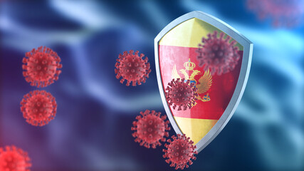 Fototapeta premium Montenegro protects from corona virus steel shield concept. Coronavirus Sars-Cov-2 safety barrier, defend against cells, source of covid-19 disease.