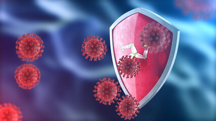 Isle of Man protects from corona virus steel shield concept. Coronavirus Sars-Cov-2 safety barrier, defend against cells, source of covid-19 disease.