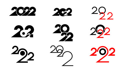 Set of flat icons happy new year 2022, different compositions of interweaving numbers are used