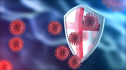England protects from corona virus steel shield concept. Coronavirus Sars-Cov-2 safety barrier, defend against cells, source of covid-19 disease.