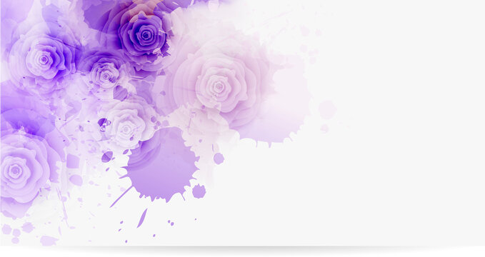 Abstract background with watercolor colorful splashes and rose flowers. Purple colored. Template for your designs, such as wedding invitation, greeting card, posters, etc.