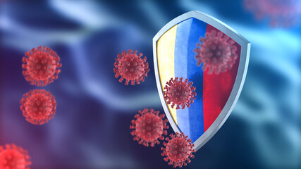 Armenia protects from corona virus steel shield concept. Coronavirus Sars-Cov-2 safety barrier, defend against cells, source of covid-19 disease.