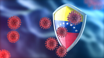 Venezuela protects from corona virus steel shield concept. Coronavirus Sars-Cov-2 safety barrier, defend against cells, source of covid-19 disease.