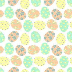 Festive seamless pattern with colored eggs in pastel colors. For printing on fabrics, decorative pillows, kitchen textiles, paper. 