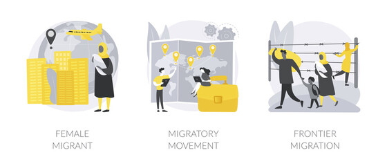 Human migration abstract concept vector illustration set. Female migrant, migratory movement, frontier migration services, international marriage, passport and documents, crisis abstract metaphor.